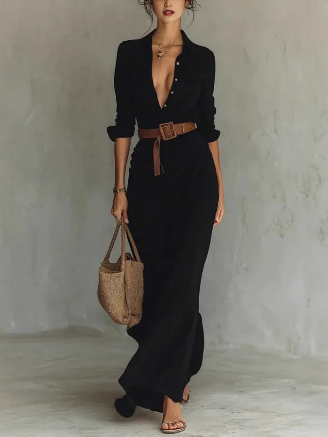 Gerri - Women's Pleated Maxi Dress with a V Neck