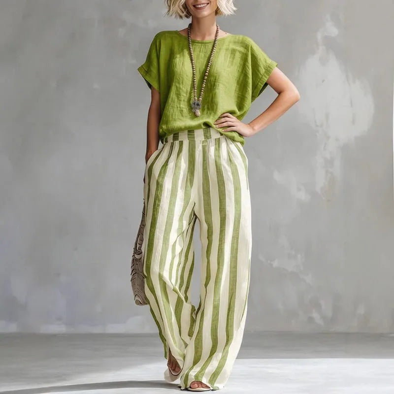 Ginny - Women's Wide Striped Two-Piece Set with Short Sleeves