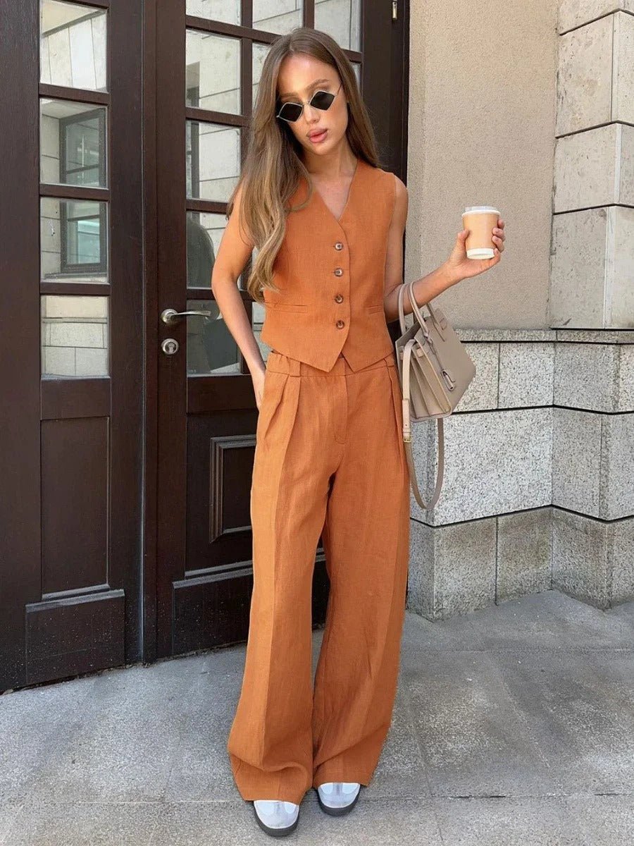 Women's Linen Two Piece Set with Vest and Pants