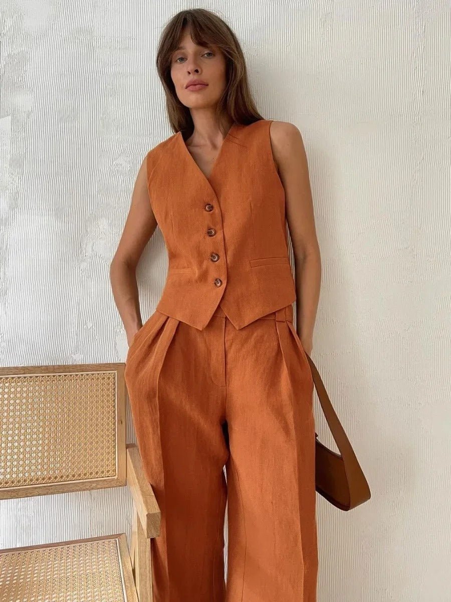 Women's Linen Two Piece Set with Vest and Pants