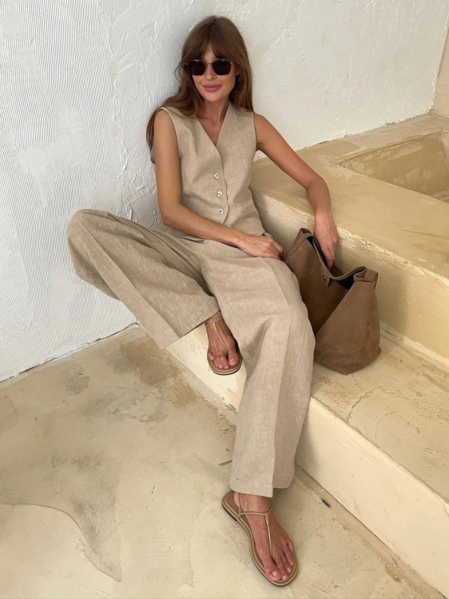 Women's Linen Two Piece Set with Vest and Pants