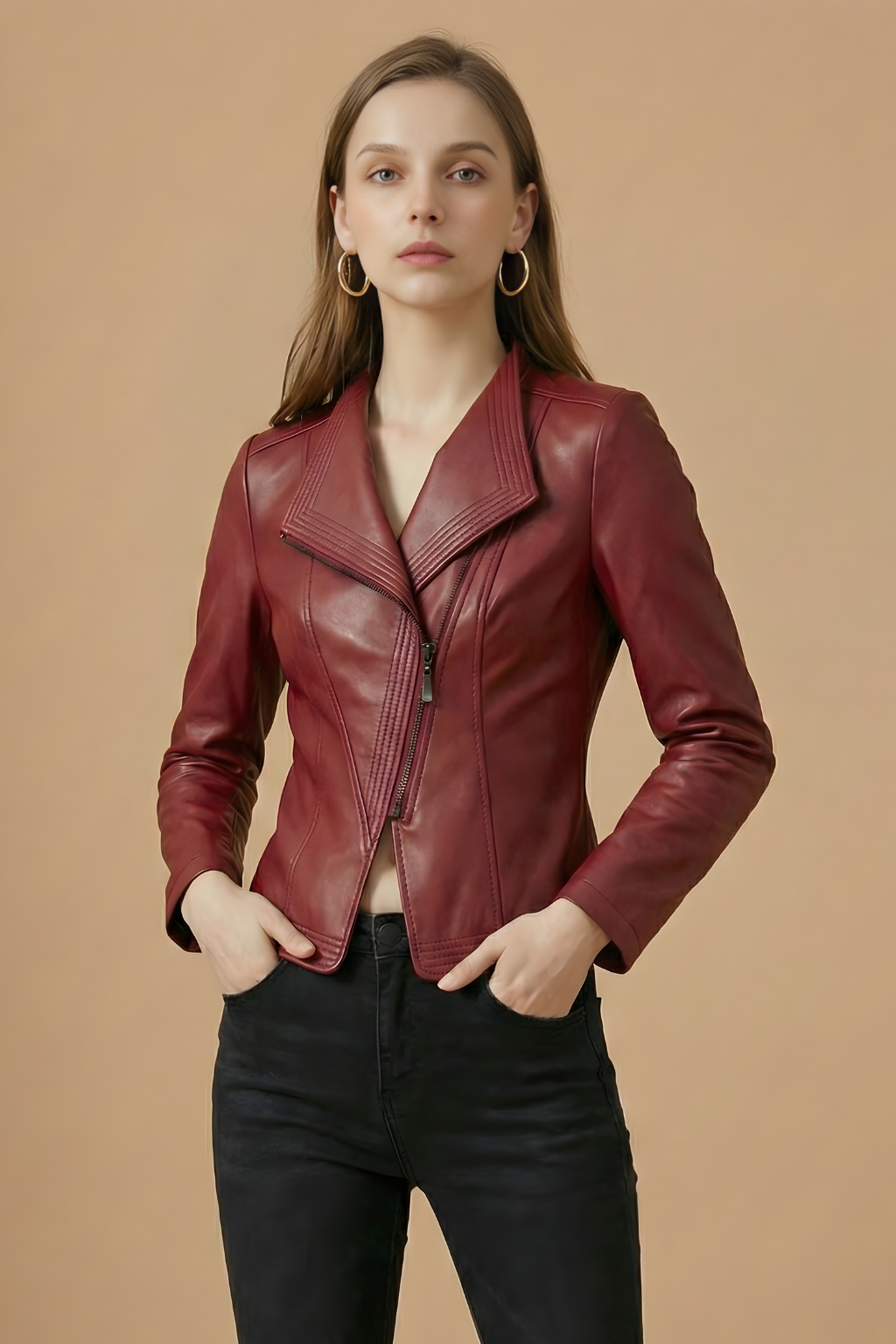 Ottilie - Women's Biker Jacket with Zip Front and Long Sleeves in Red