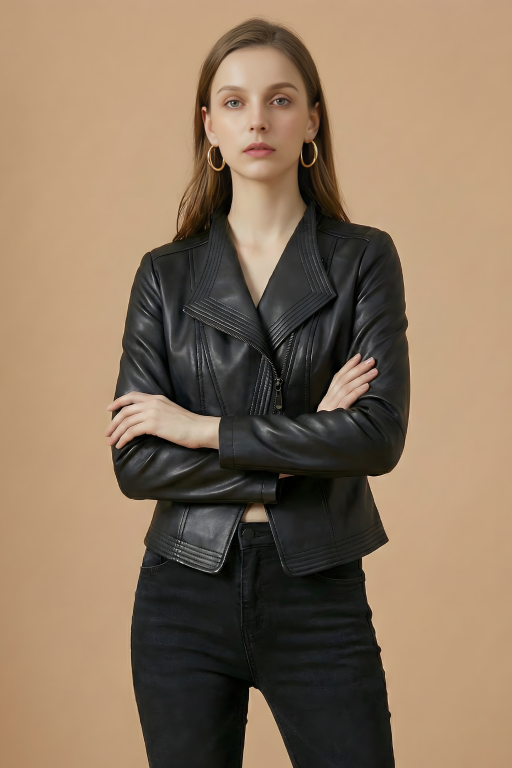 Ottilie - Women's Biker Jacket with Zip Front and Long Sleeves in Black