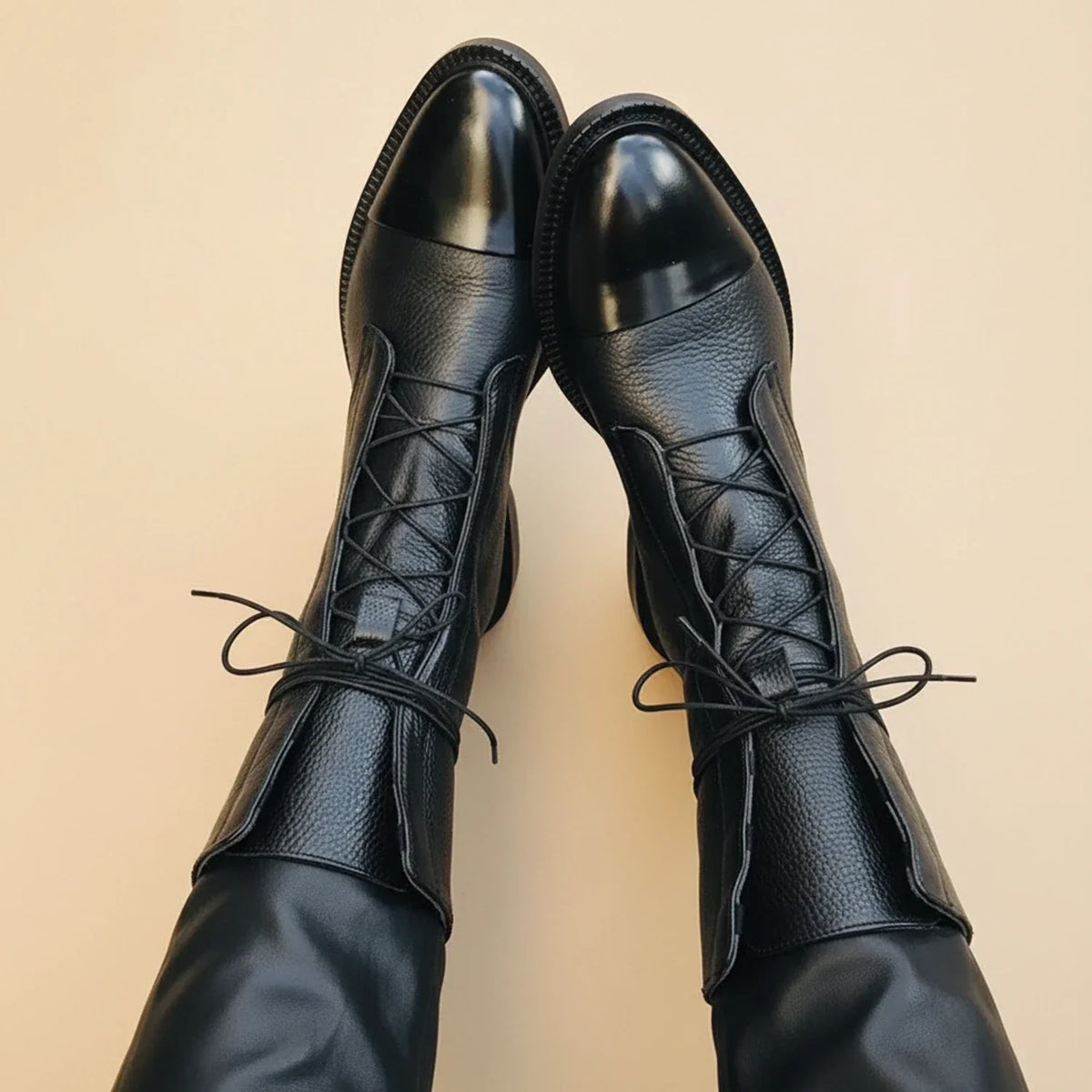 Parthenia - Women's Knee-High Boots with Lace-Up Front in Black
