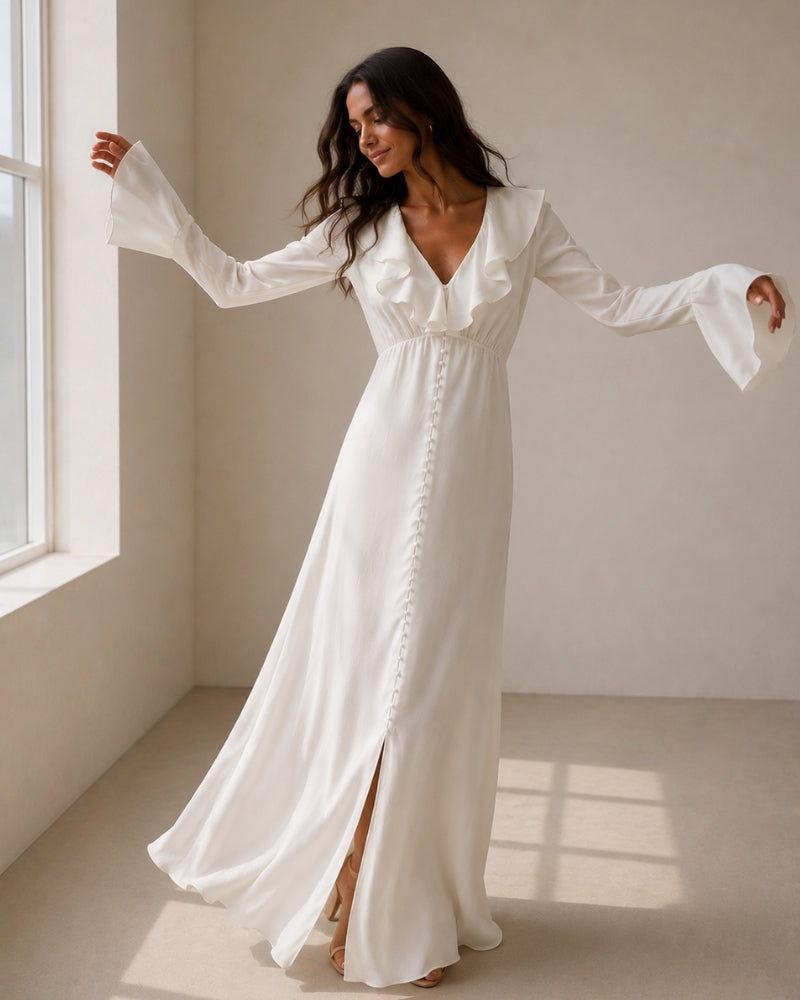 Women's Ruffle Midi Dress with Pearl Buttons