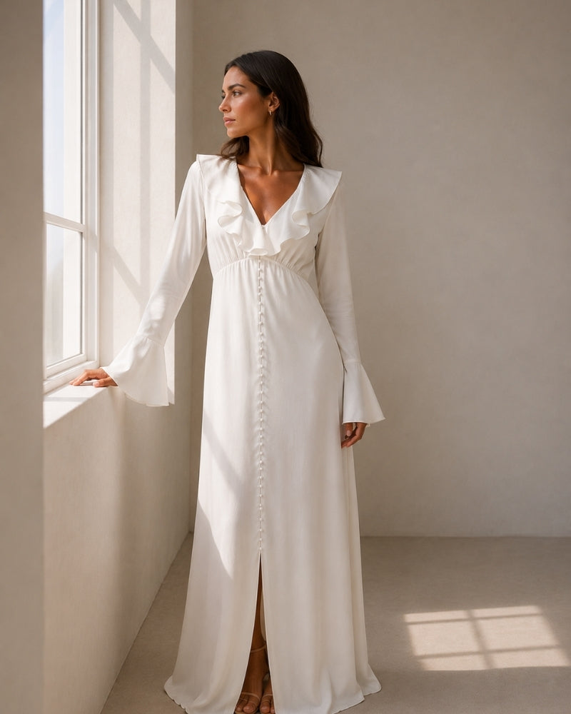 Women's Ruffle Midi Dress with Pearl Buttons