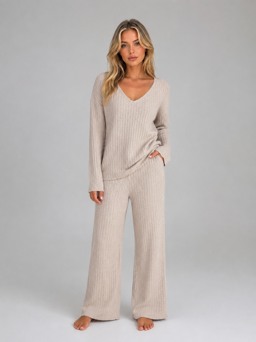 Pearl - Women's Ribbed Knit Jumper and Wide-Leg Trousers Set - photo 1