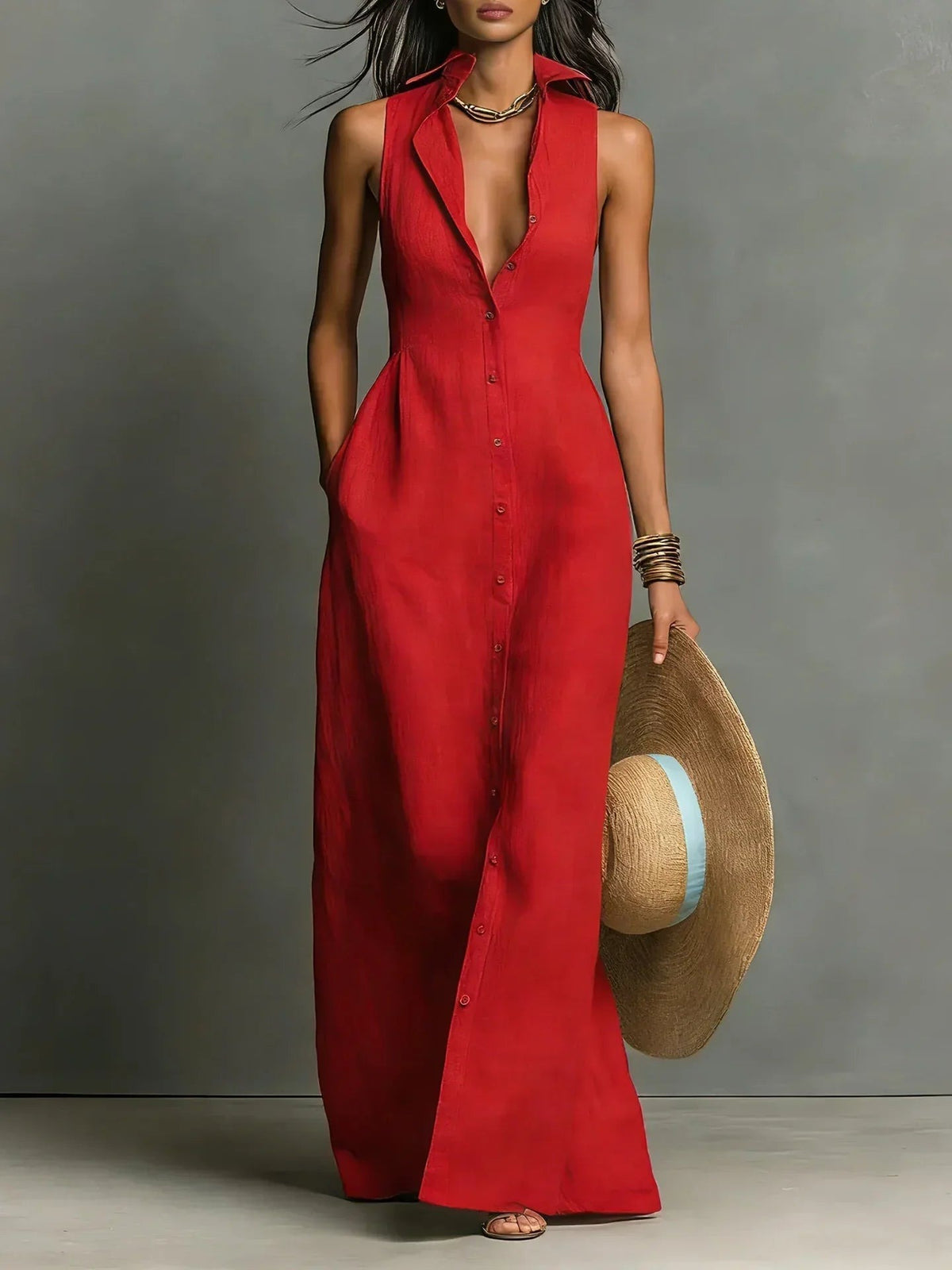 Gwendoline - Women's Button-Front Maxi Dress with No Sleeves