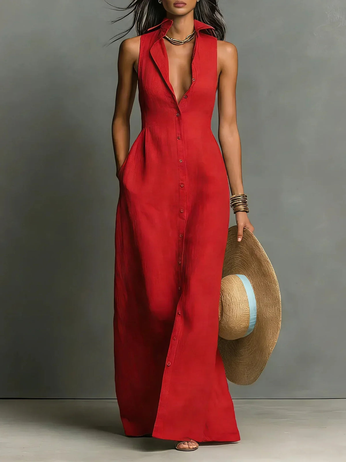 Gwendoline - Women's Button-Front Maxi Dress with No Sleeves