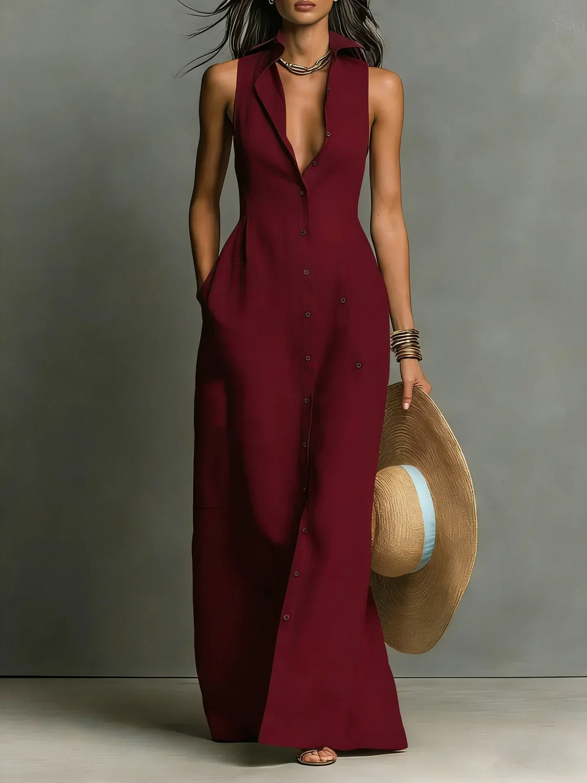 Gwendoline - Women's Button-Front Maxi Dress with No Sleeves