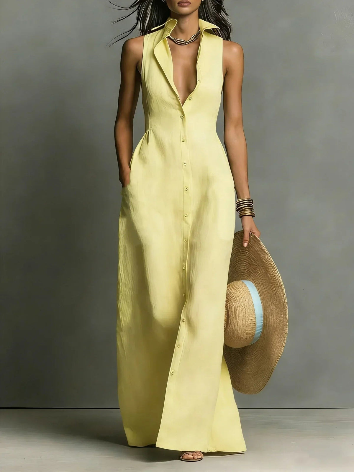 Gwendoline - Women's Button-Front Maxi Dress with No Sleeves