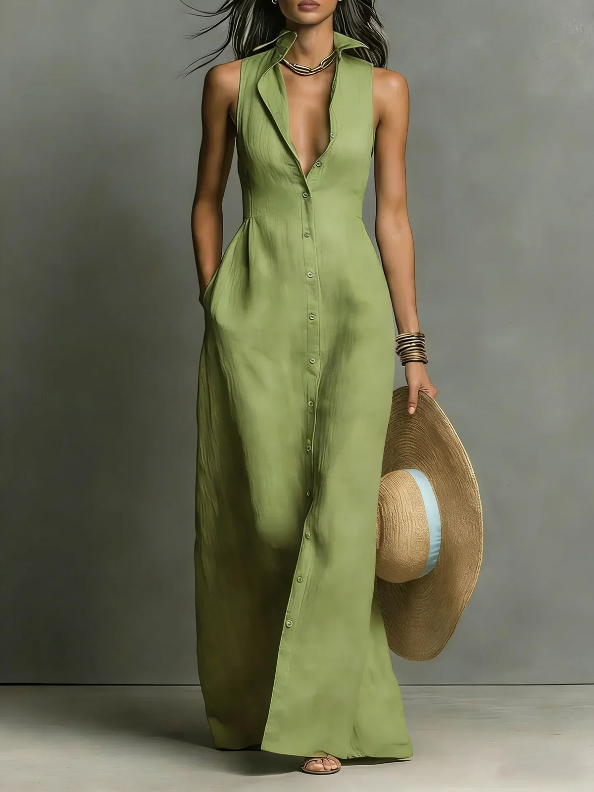Gwendoline - Women's Button-Front Maxi Dress with No Sleeves