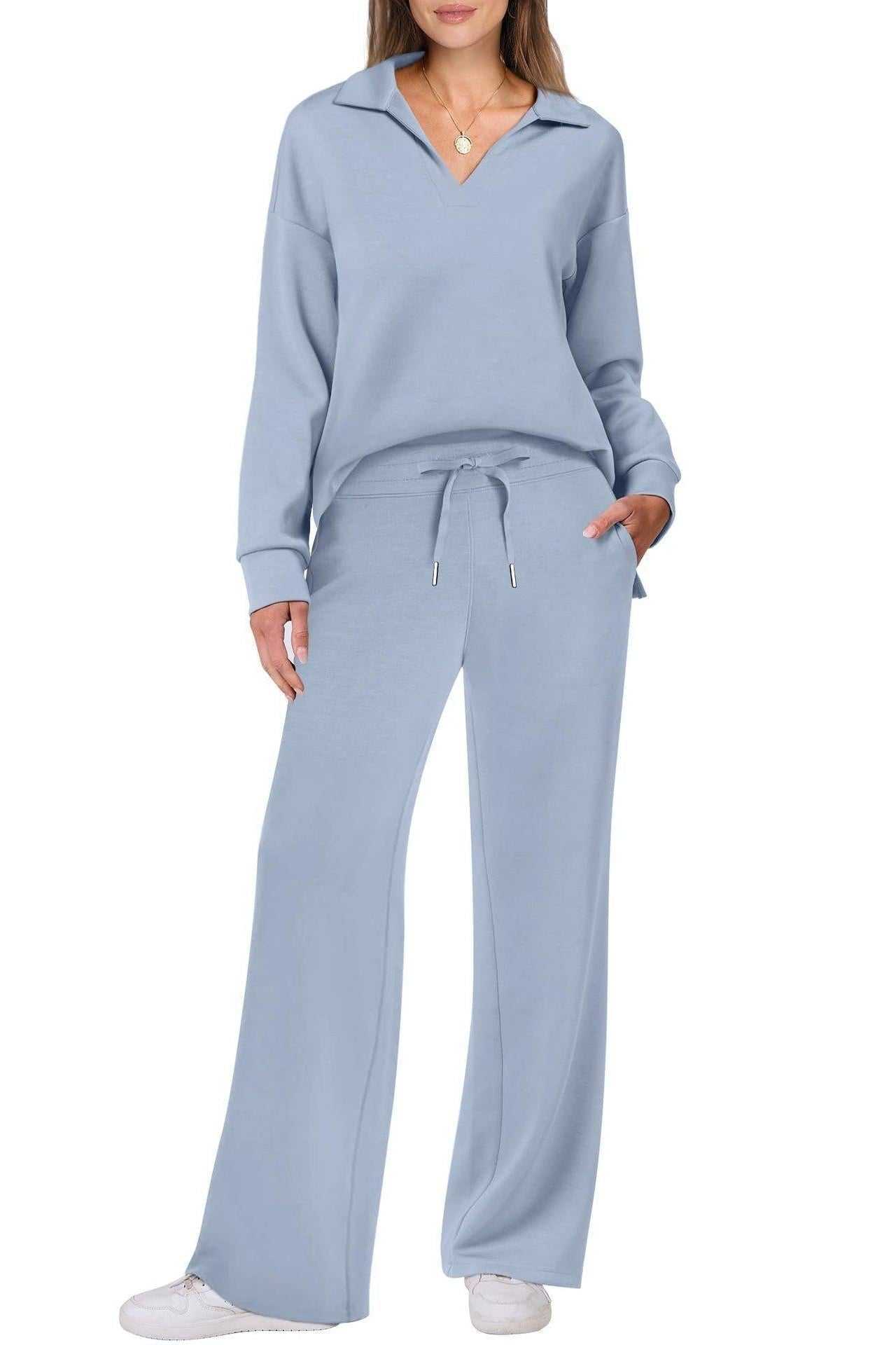 Women's Lounge Set with Collared V Neck Top and Wide Leg Pants