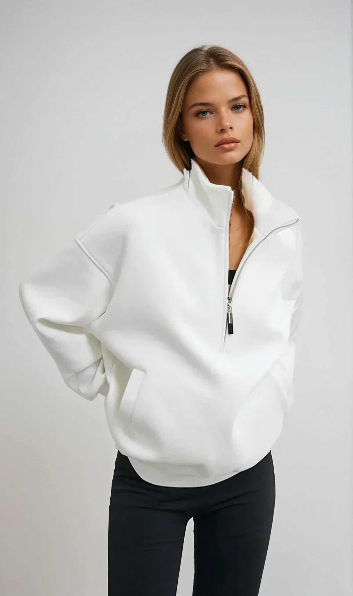 Laura - Women's oversized half-zip white cotton hoodie - photo 2
