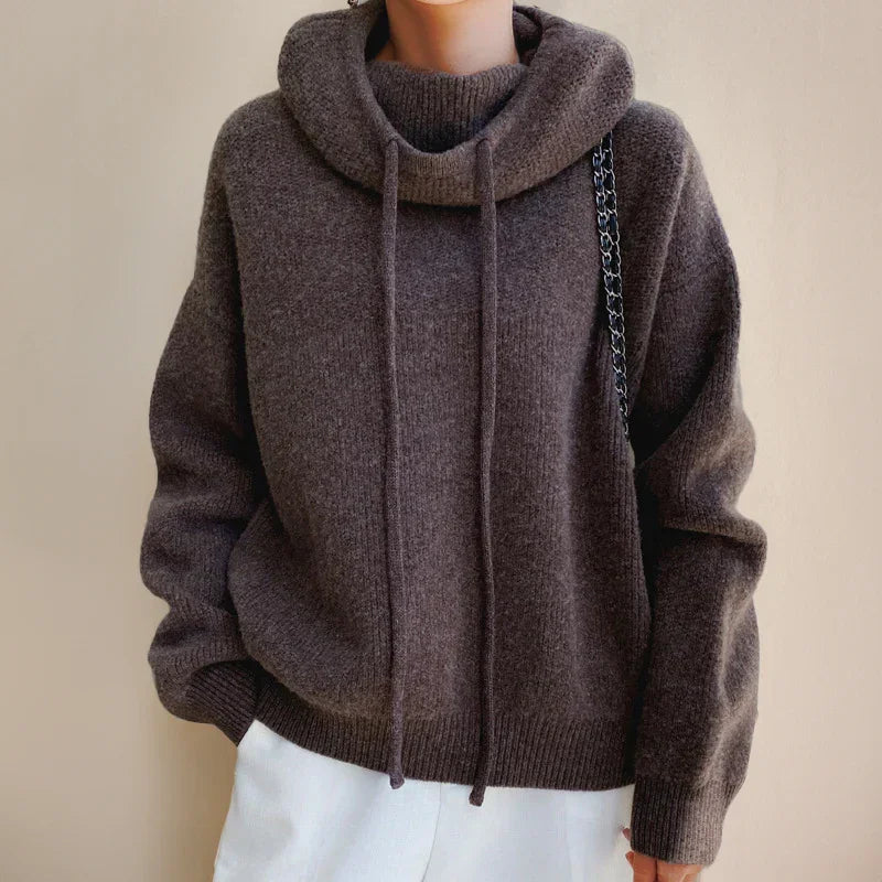 Regina - Maglione da donna a collo alto con maglia morbida e cappuccio