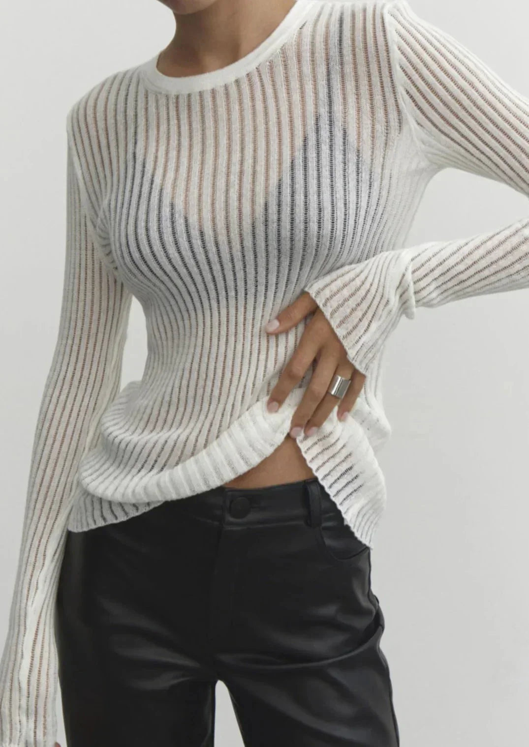 Thea - Women's Sheer Ribbed Knit Casual Style Sweater - photo 2