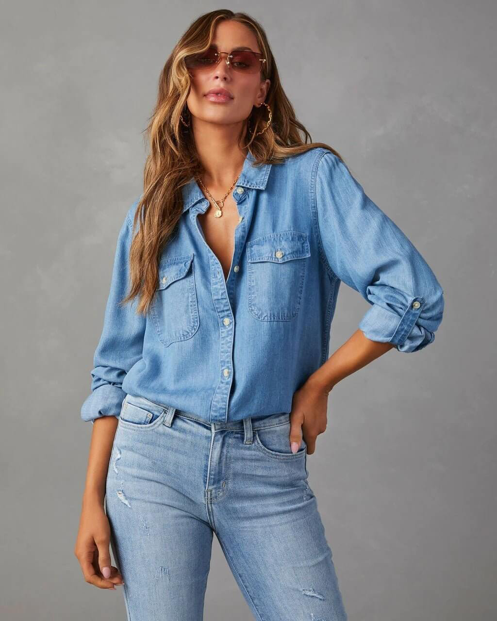 Raphaelle - Women's Denim Shirt with Long Sleeves - photo 3