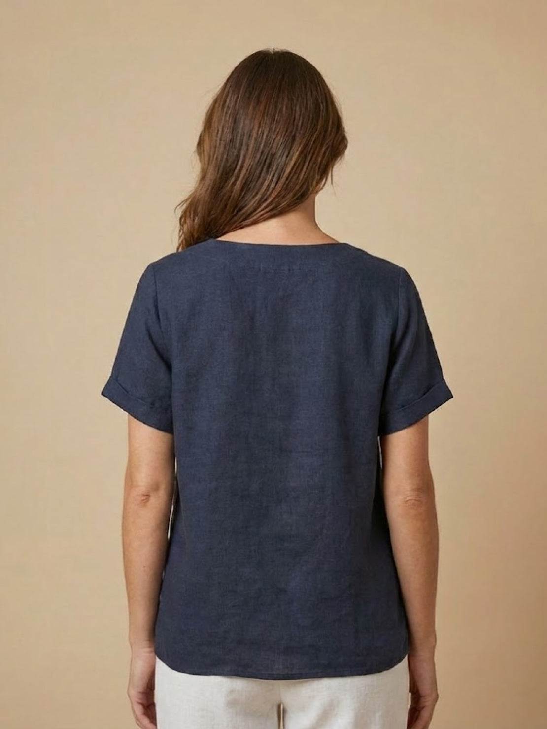Taylor - Camicetta da donna in lino con scollo rotondo e bottoni, per l’estate