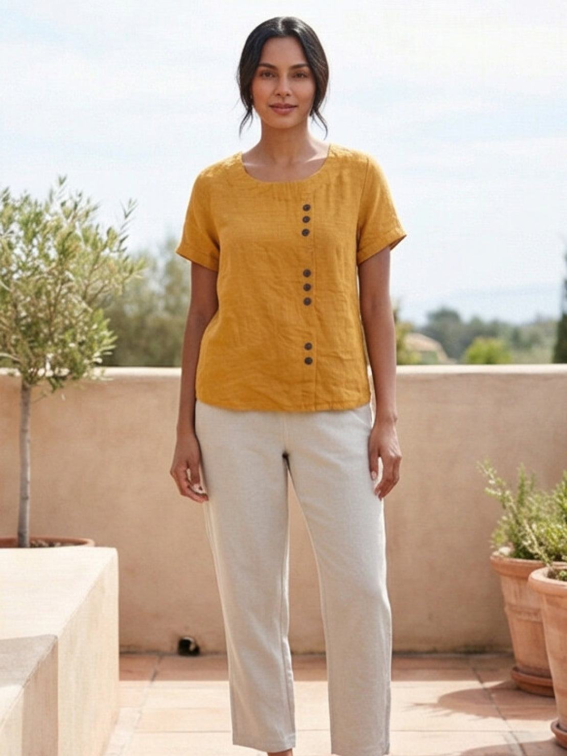 Taylor - Camicetta da donna in lino con scollo rotondo e bottoni, per l’estate