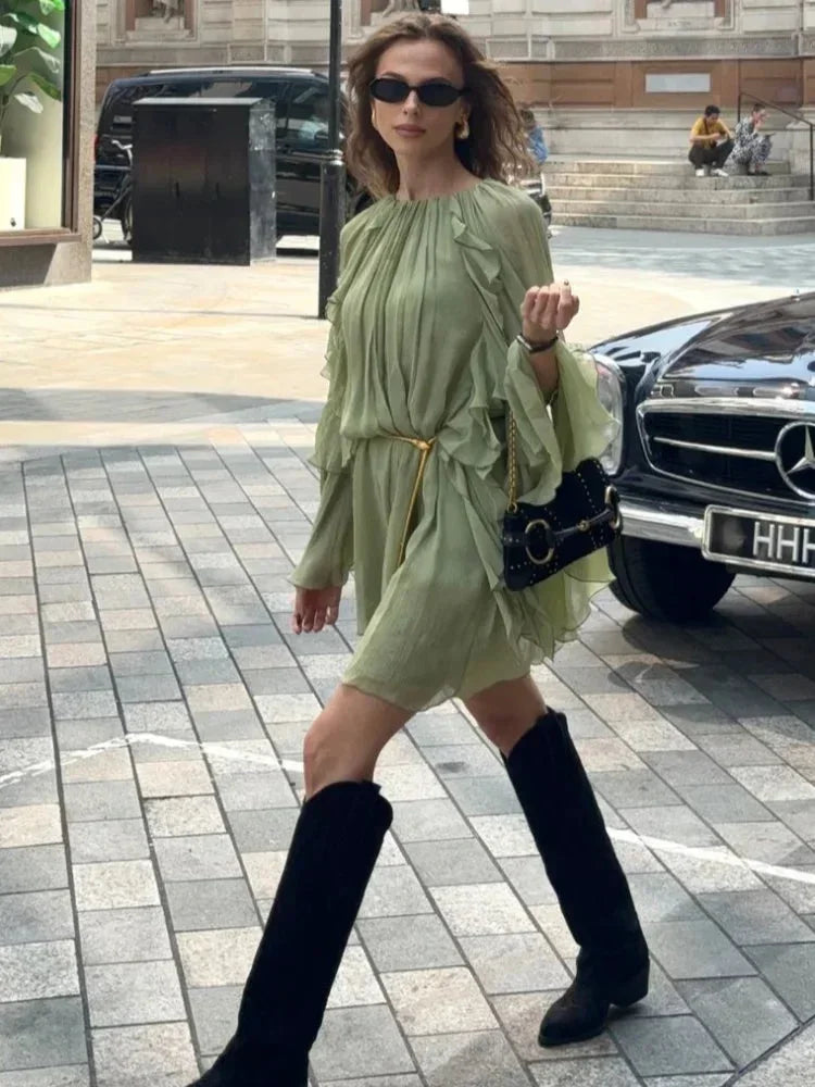 Naomi - Women's short light green ruffled evening dress with long sleeves - photo 4