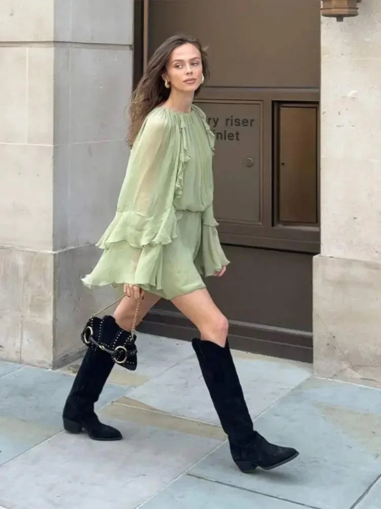Naomi - Women's short light green ruffled evening dress with long sleeves - photo 6