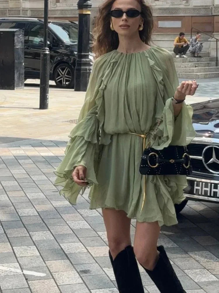 Naomi - Women's short light green ruffled evening dress with long sleeves - photo 5