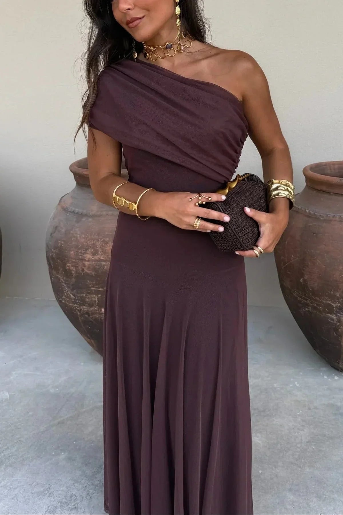 Pleated one-Shoulder summer Maxi dress for women - photo 1