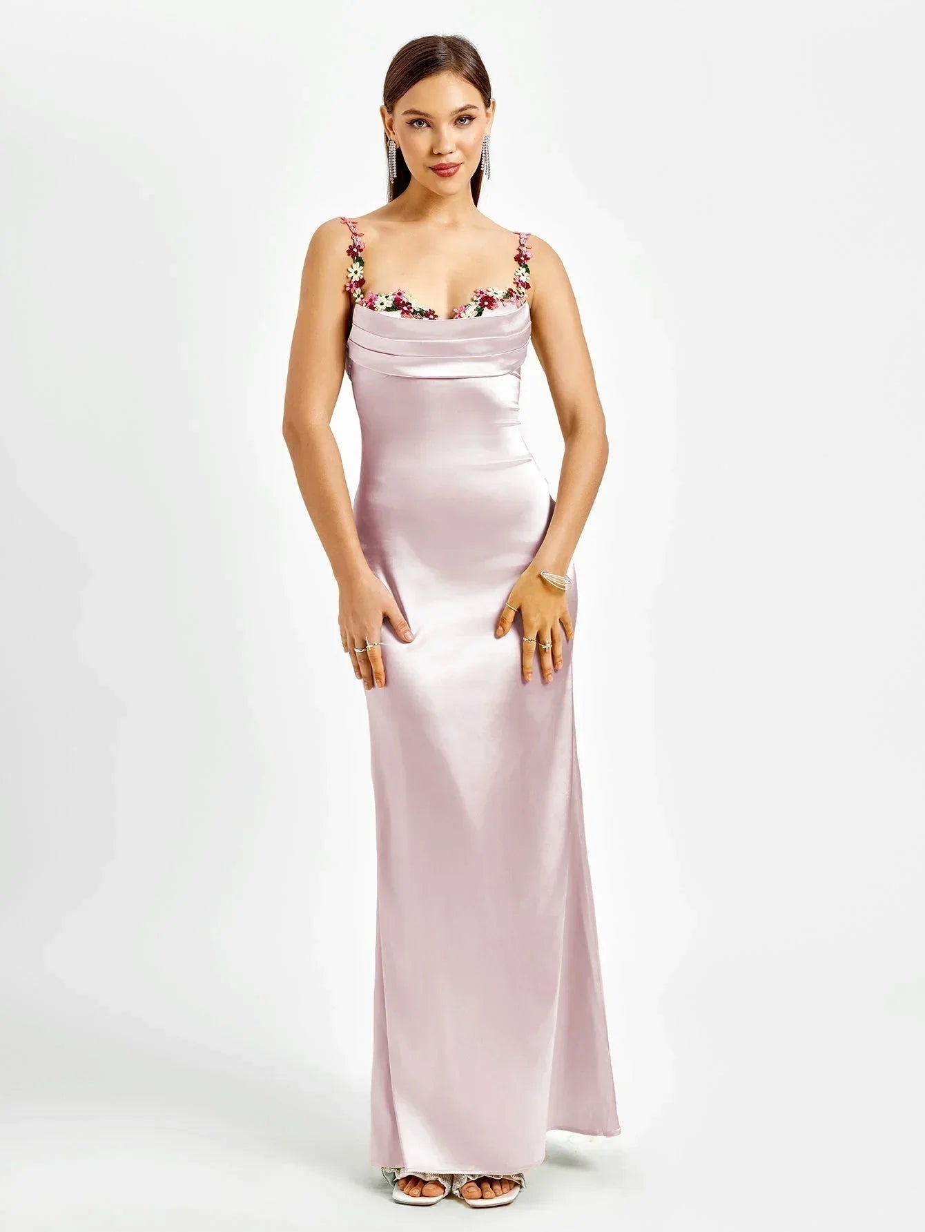 Rochie maxi de seară pentru femei, din satin, cu ornamente florale