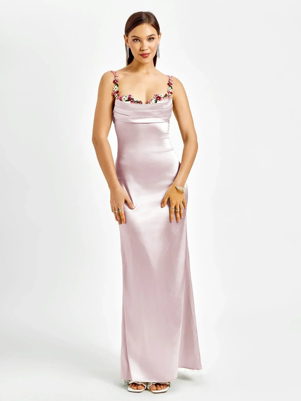 Women's Satin Evening Maxi Dress with Floral Embellishments - photo 15