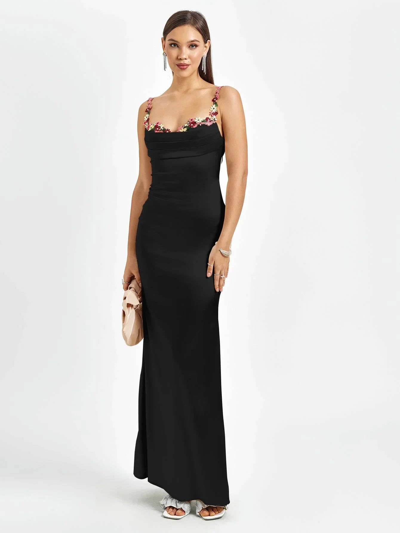 Rochie maxi de seară pentru femei, din satin, cu ornamente florale