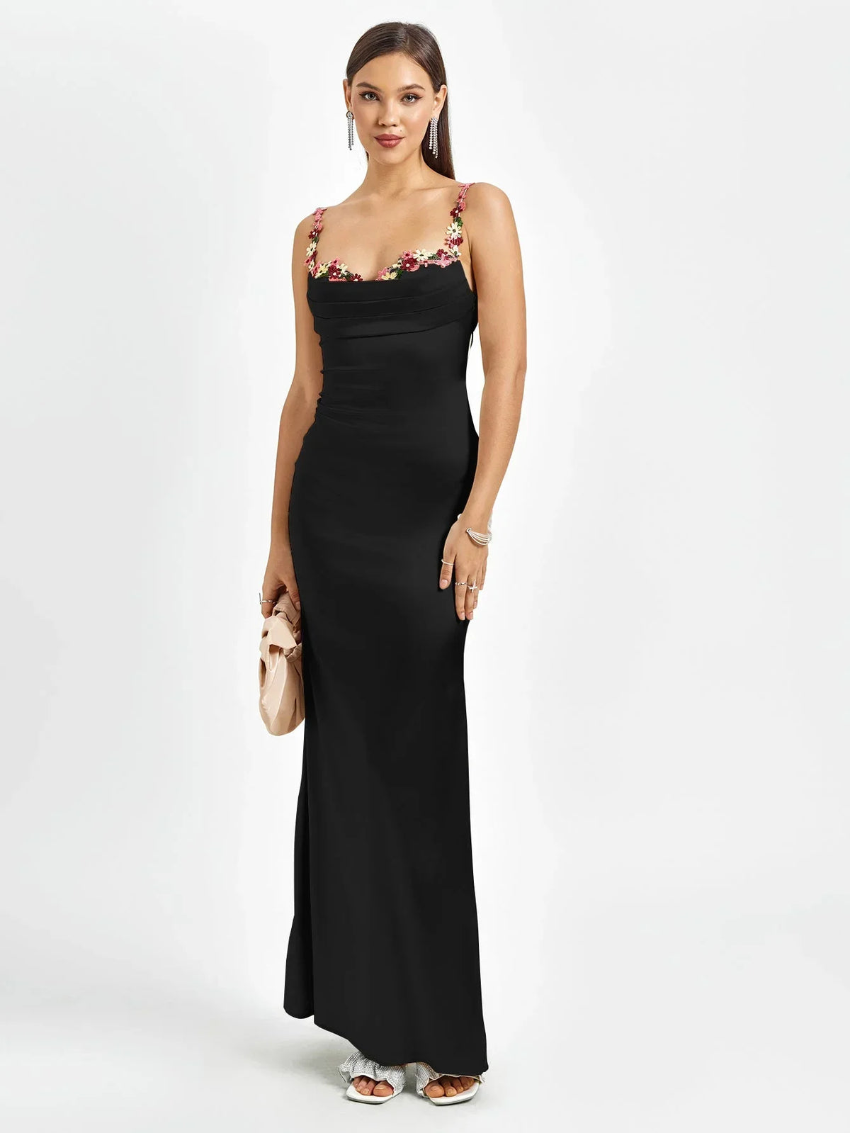 Women's Satin Evening Maxi Dress with Floral Embellishments - photo 19