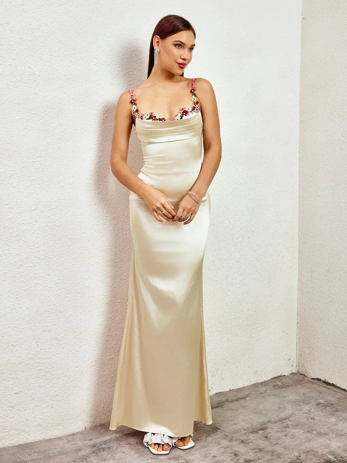 Women's Satin Evening Maxi Dress with Floral Embellishments - photo 6