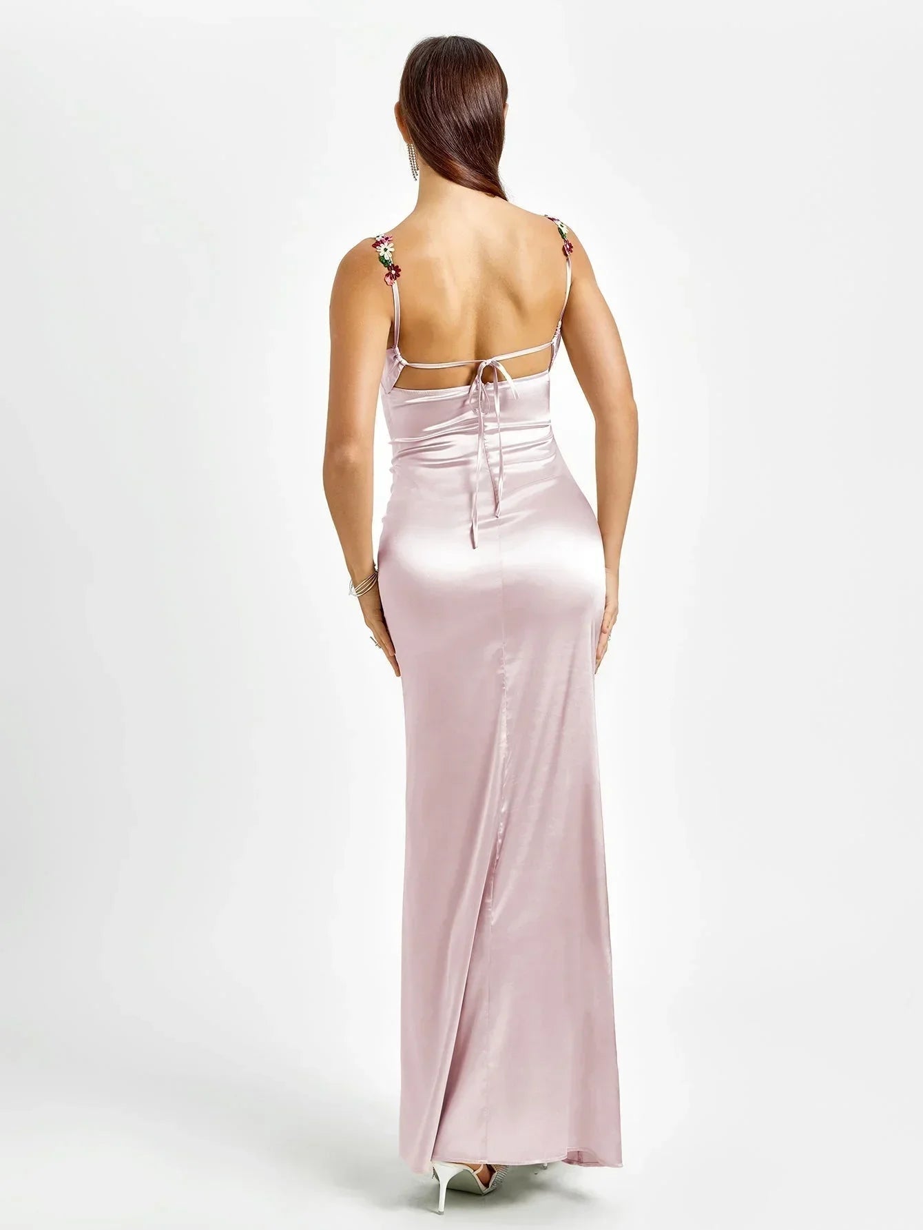 Rochie maxi de seară pentru femei, din satin, cu ornamente florale