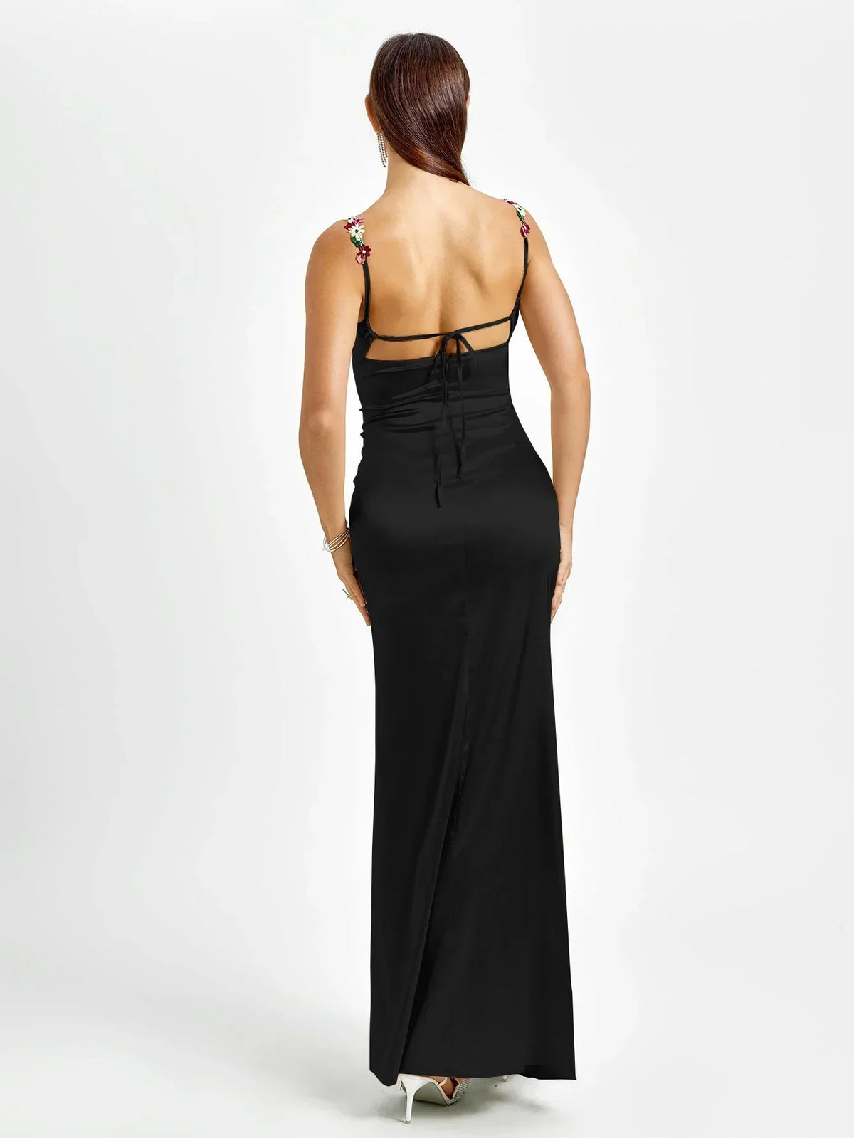 Women's Satin Evening Maxi Dress with Floral Embellishments - photo 20