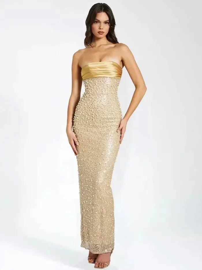 Aisha - Women's Long strapless gold sequined dress with a straight neckline - photo 1