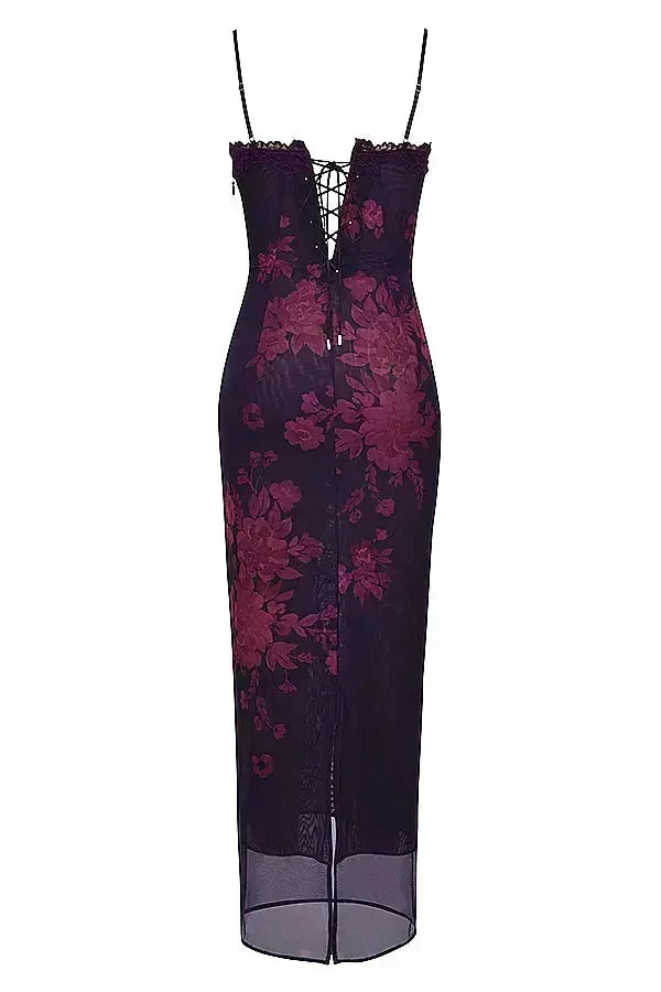 Rochie maxi de seară pentru femei, cu imprimeu floral și decolteu în formă de inimă