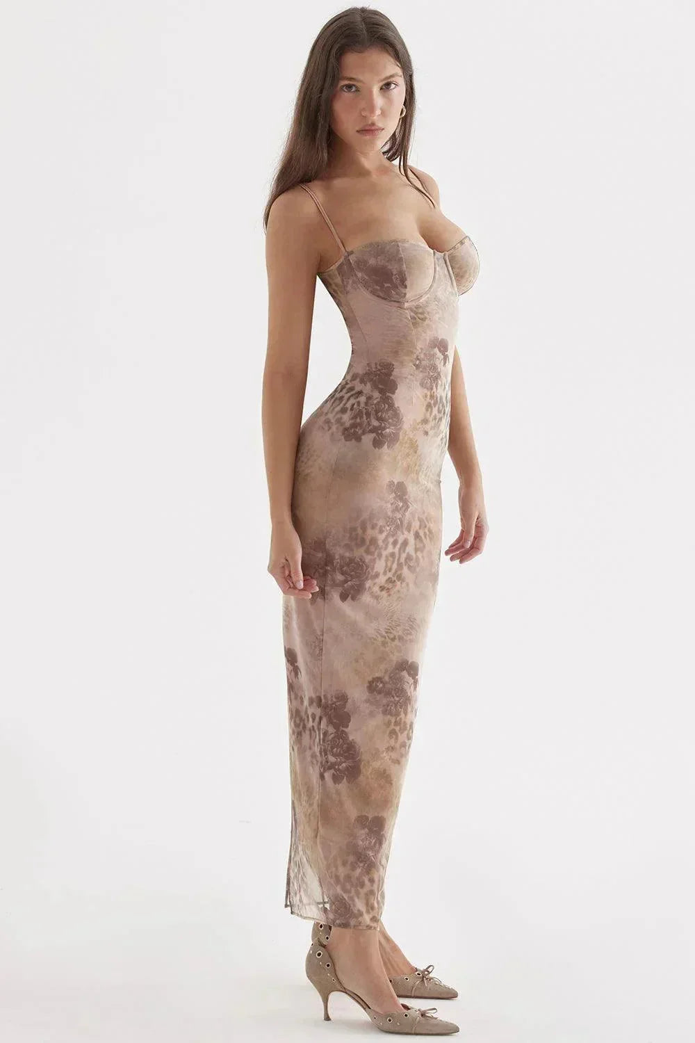 Rochie maxi de seară pentru femei, cu imprimeu floral și decolteu în formă de inimă