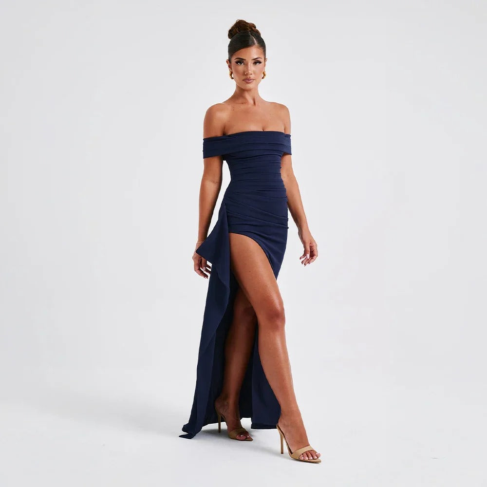 Jade - Women's long dress with bare shoulders and slit - photo 2