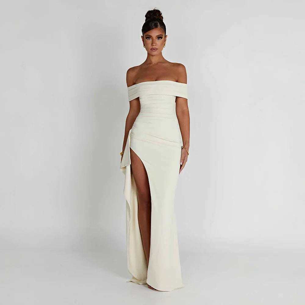 Jade - Women's long dress with bare shoulders and slit - photo 4