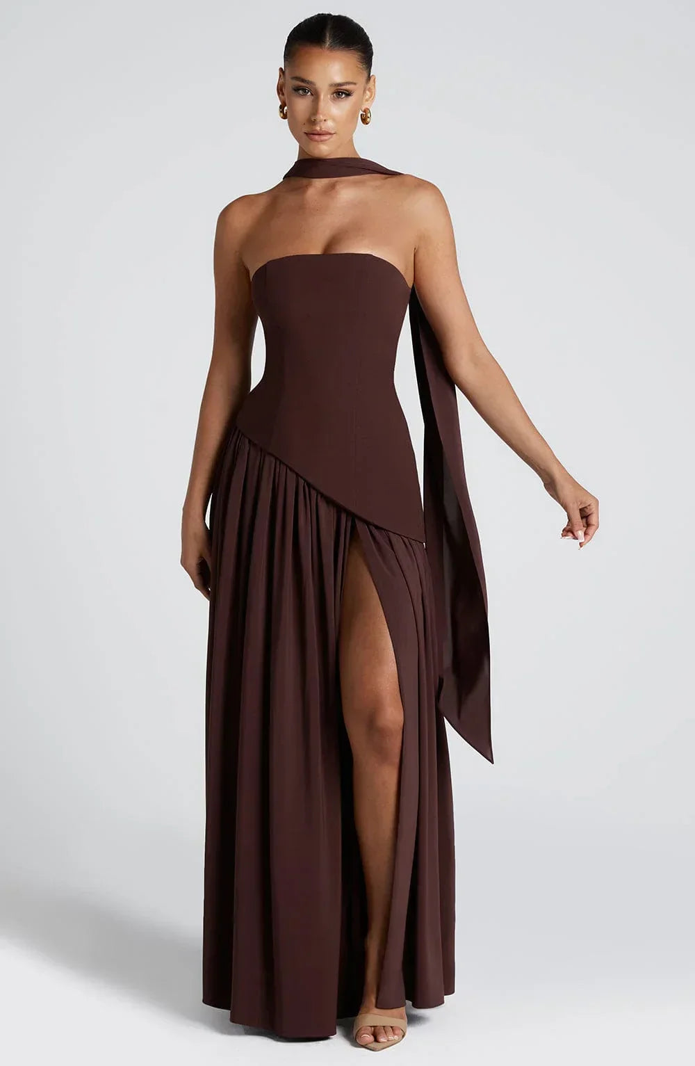 Bianca - Long strapless corset dress with scarf detail and high slit - photo 1