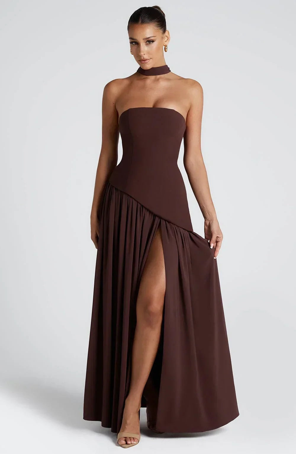Bianca - Long strapless corset dress with scarf detail and high slit - photo 10