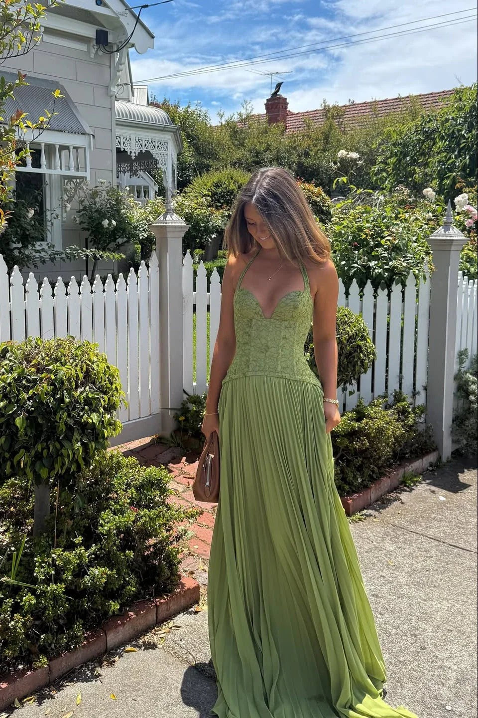 Women's Green Pleated Corset Maxi Dress - photo 3