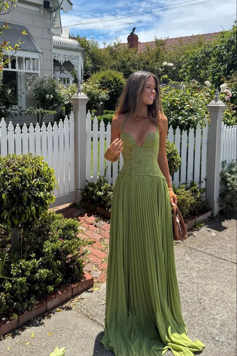 Women's Green Pleated Corset Maxi Dress - photo 2