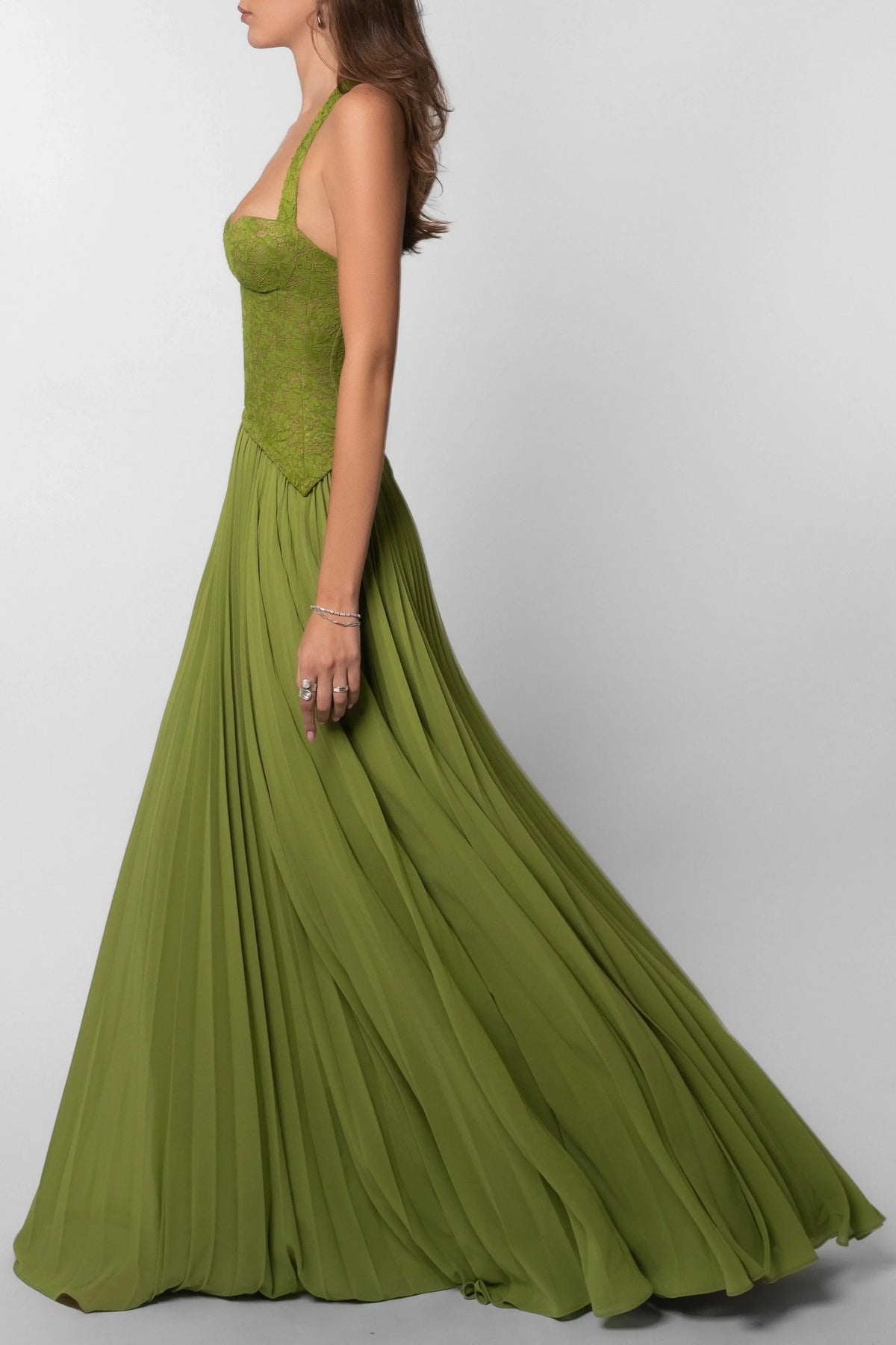 Women's Green Pleated Corset Maxi Dress - photo 9