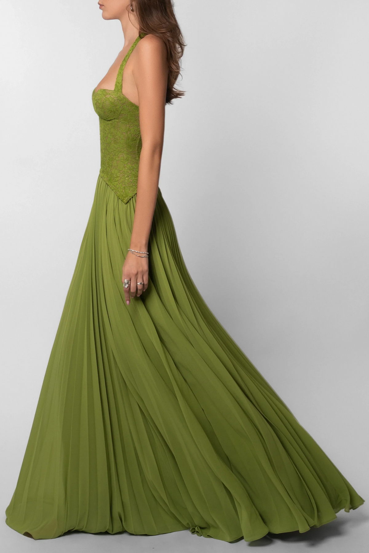 Women's Green Pleated Corset Maxi Dress - photo 9