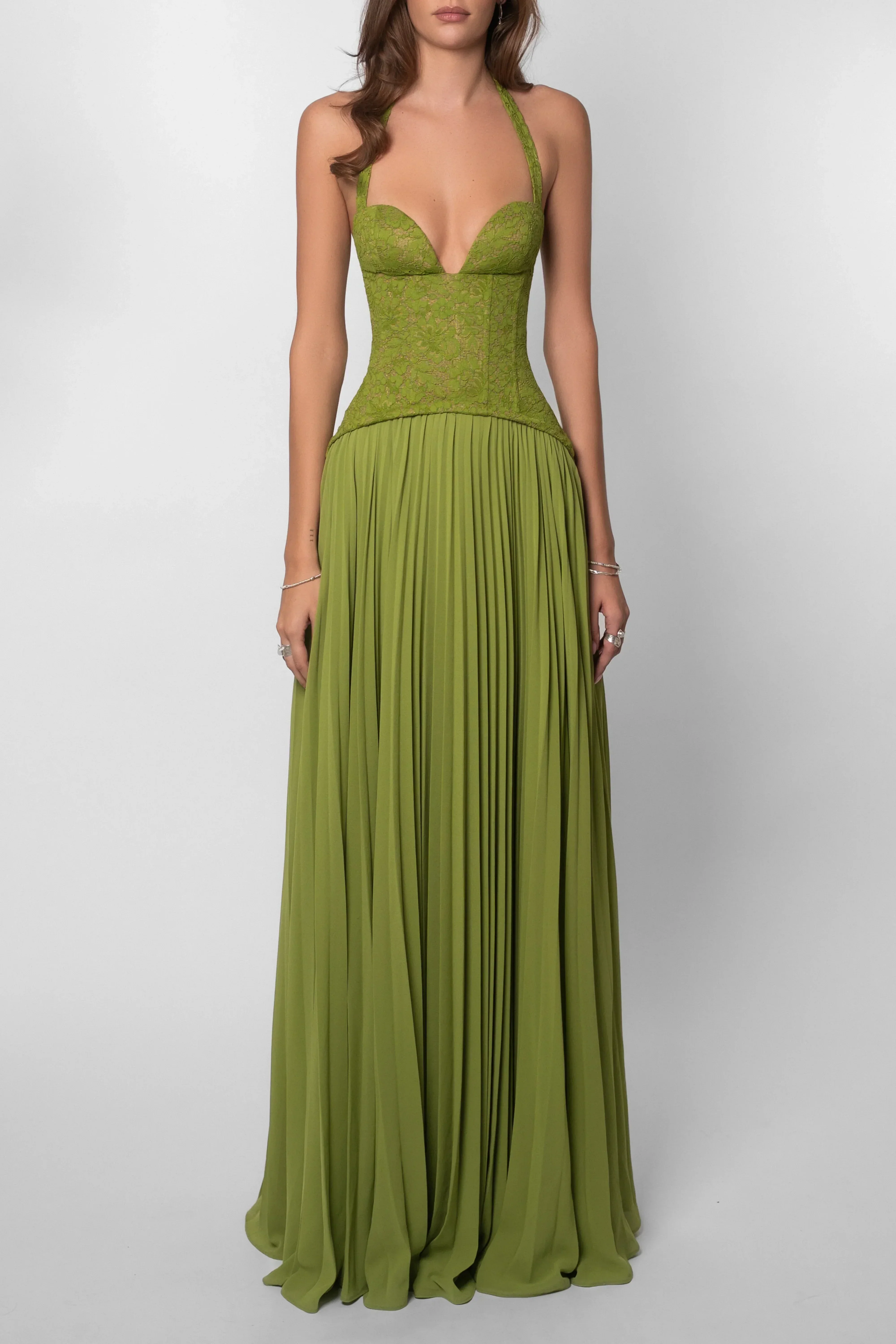 Rochie maxi verde de damă cu corset plisat