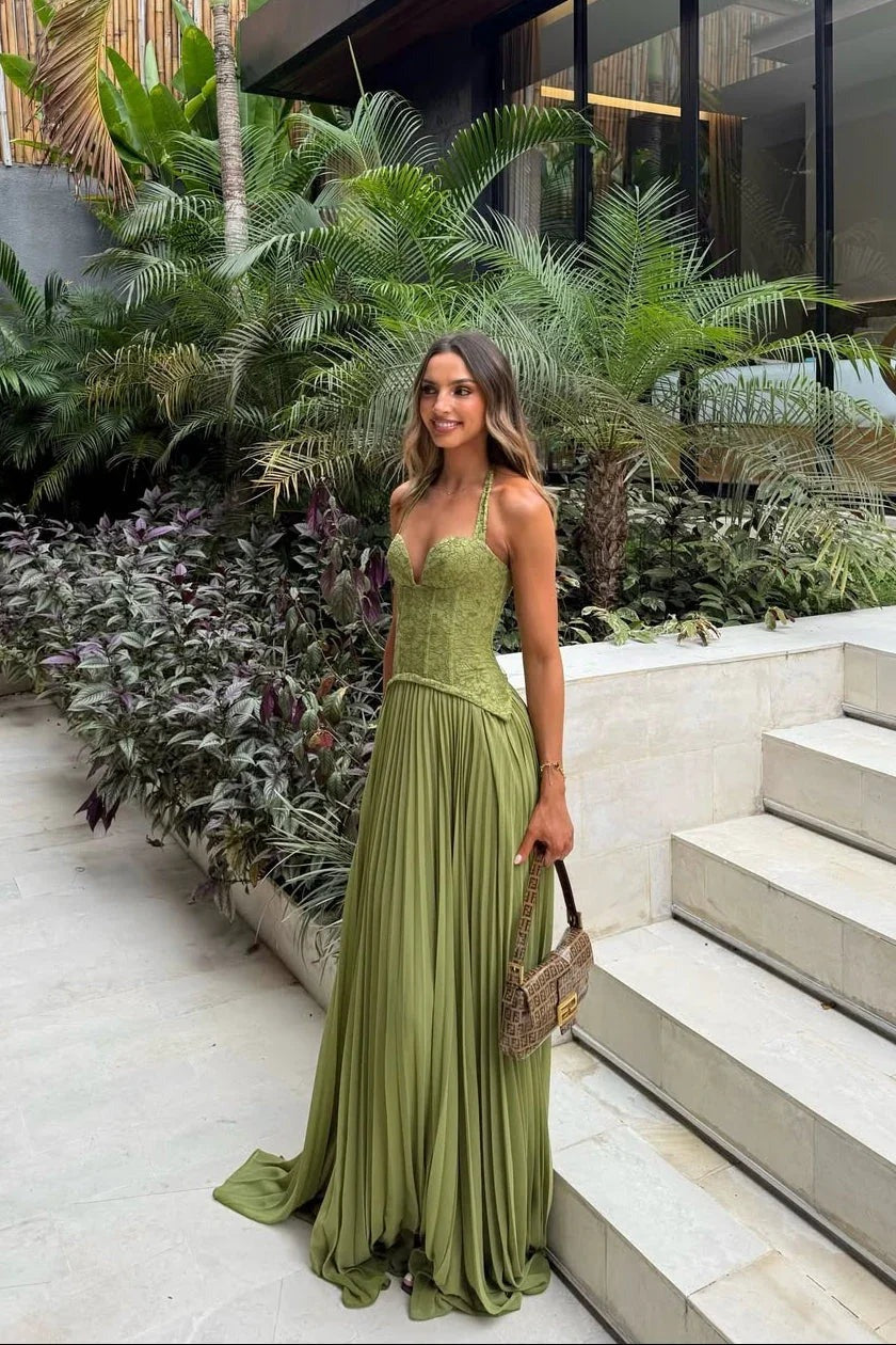 Women's Green Pleated Corset Maxi Dress - photo 1