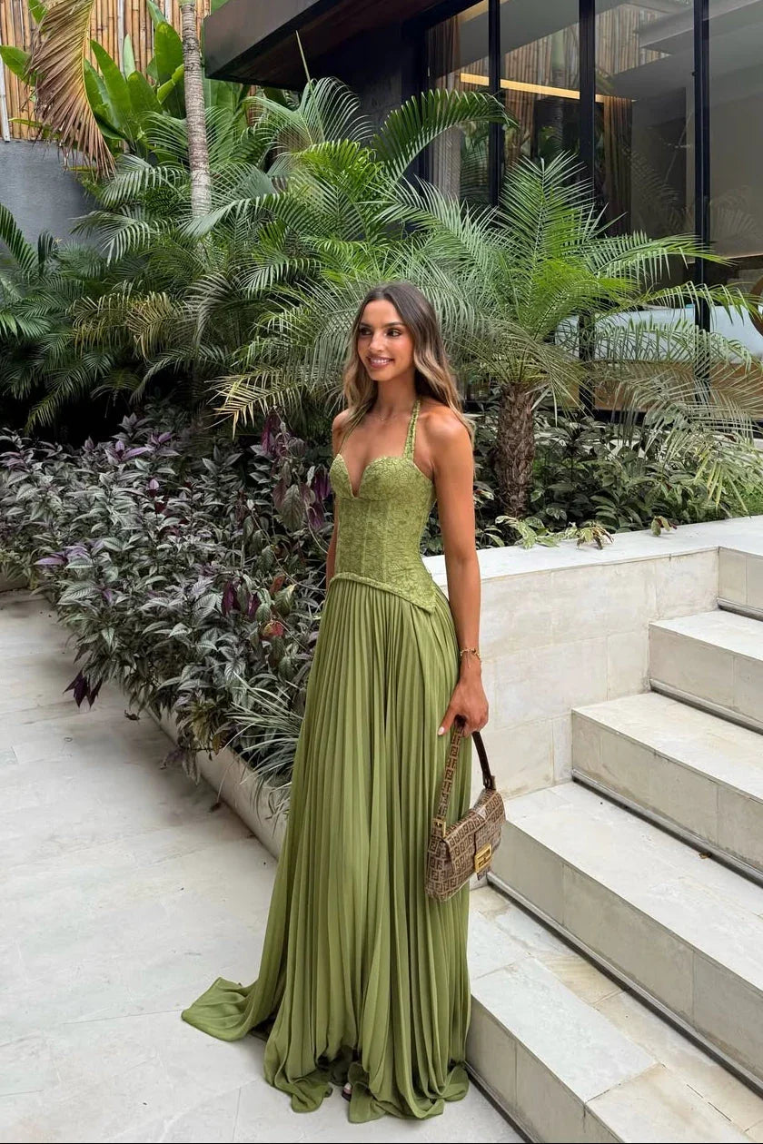 Women's Green Pleated Corset Maxi Dress - photo 1
