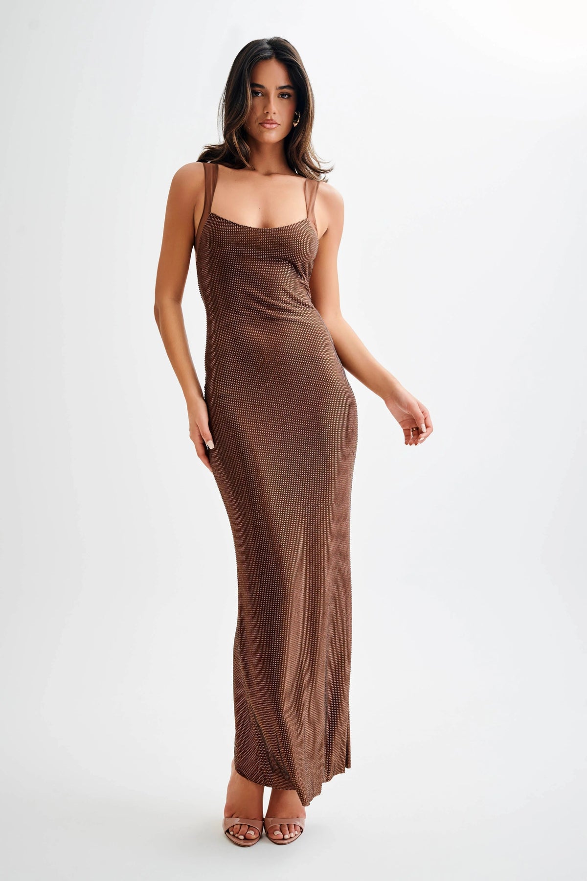 Carmen - Women's long sequined dress with brown straps - photo 6