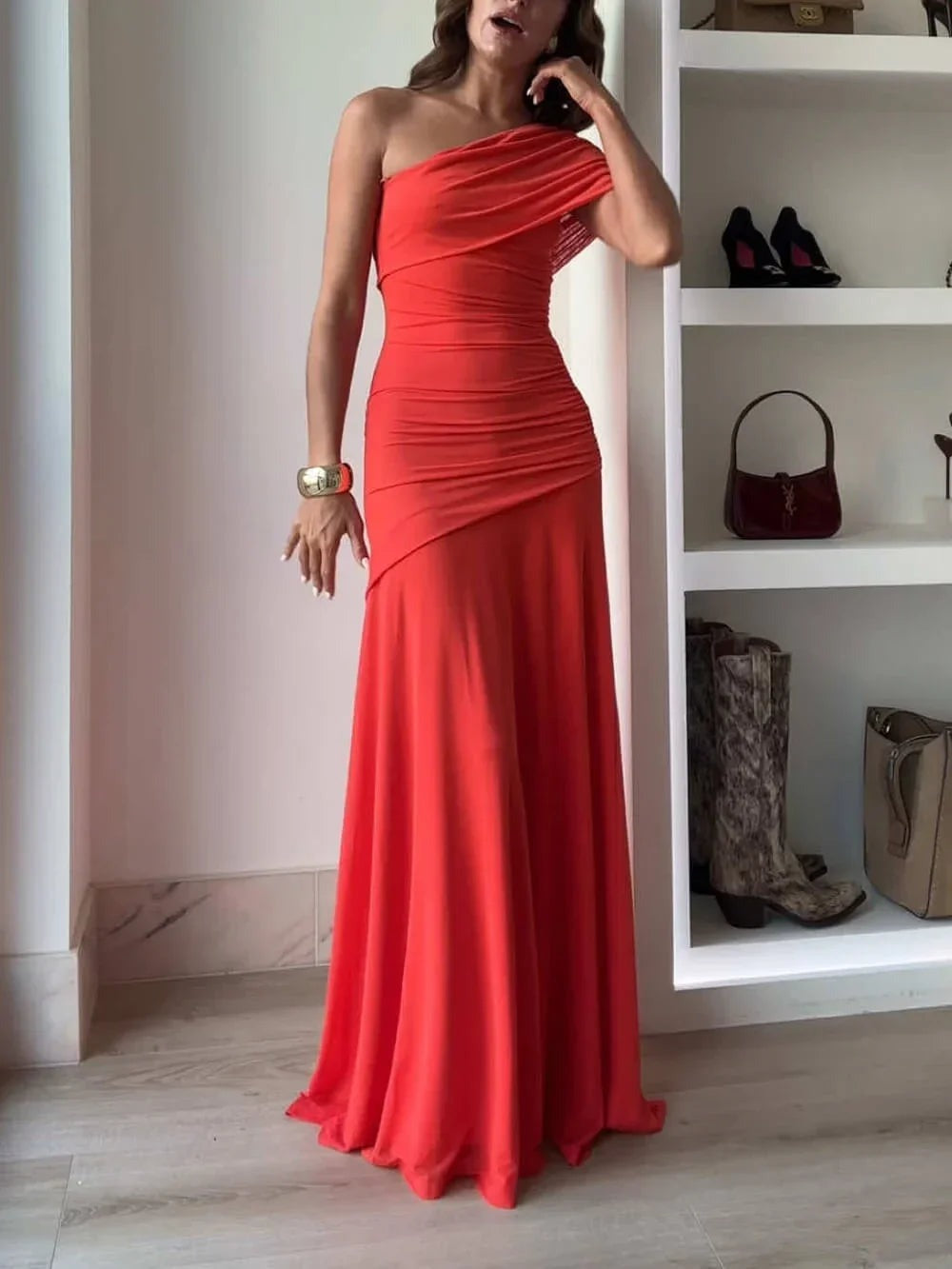 Women's asymmetrical ruched Maxi dress for elegant evening - photo 1